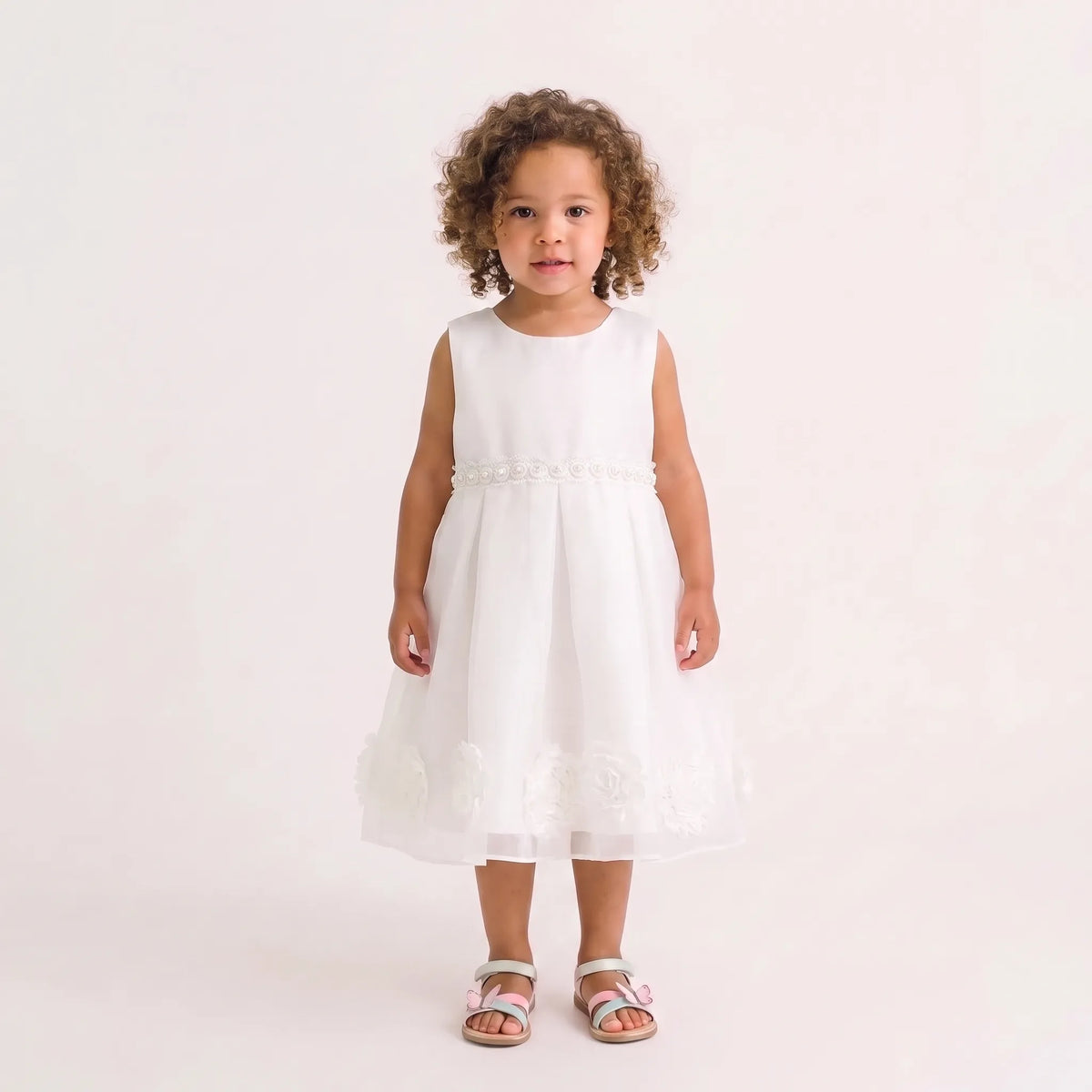 Children's White Dress with Bow and Flowers